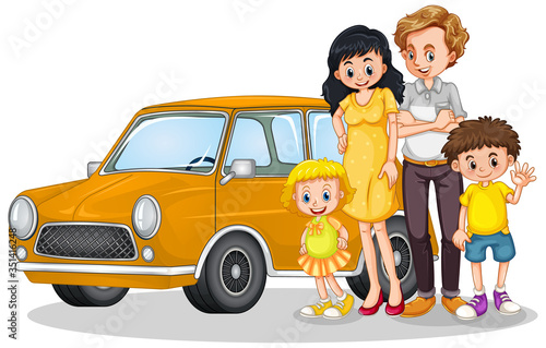 Happy family in front of car