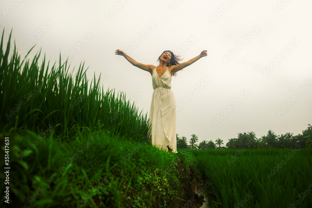 mind and body connection with nature - middle aged attractive and happy Asian Chinese woman in Summer dress enjoying idyllic tropical destination dancing free mind and body connection with nature - middle aged attractive and happy Asian Chinese woman in Summer dress enjoying idyllic tropical destination dancing free