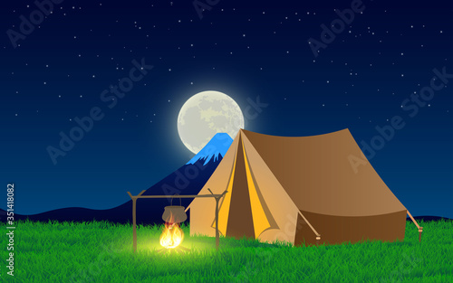 camp tent on the cliff in full moon  night