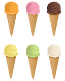 set of isolated ice creams cones with different flavors