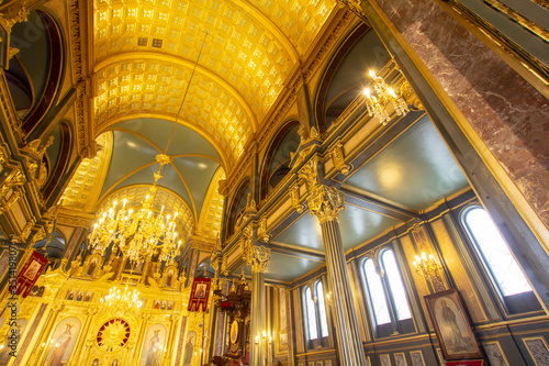 Sveti Stephen Church-Iron Church (Turkish: Demir Kilise) interior wide angle view is a Bulgarian Orthodox church made of prefabricated cast iron elements in neo gothic style in Balat, Istanbul, Turkey