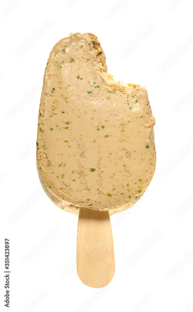 seaweed flavor popsicle with a bite on white background seaweed flavor popsicle with a bite on white background