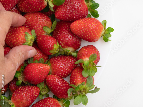 Old hand picks strawberry from white bowl and white background. Top view. Copy space.