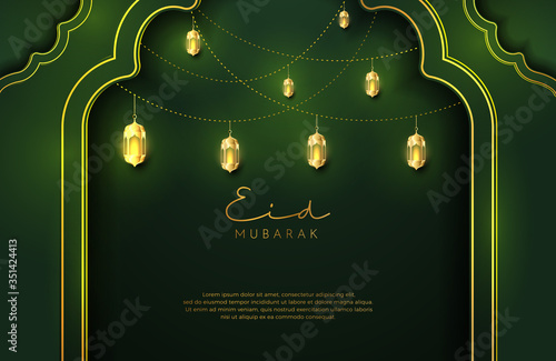 Eid mubarak background in luxury style. Vector illustration of dark green islamic design with gold lantern or fanoos for Islamic holy month celebrations. Islamic holiday festival celebration
