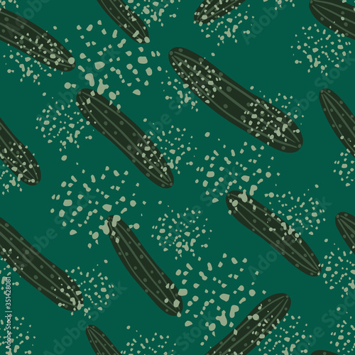 Chaotic cucumber seamless pattern on green background. Cucumbers vegetable endless wallpaper