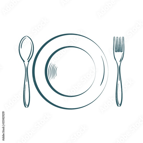 A plate with fork and spoon illustration.