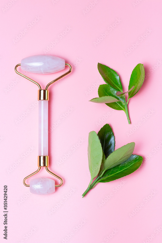 Pink quartz roller and green leaves on pink background, top view Pink quartz roller and green leaves on pink background, top view