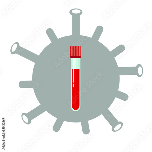 COVID-19 medical blood test tube. Laboratory glass capsule on virus background. Virus infection test. Corona virus flat vector illustration.
