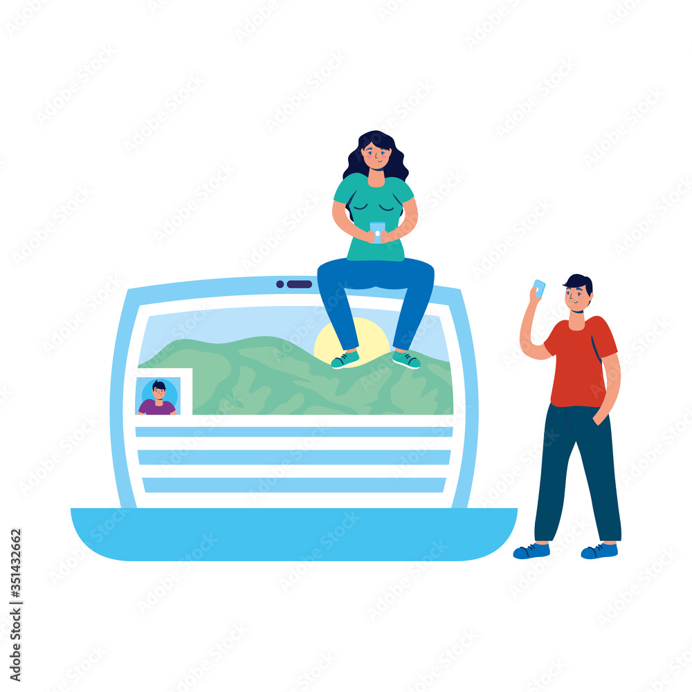 Fototapeta premium young couple using smartphone and laptop