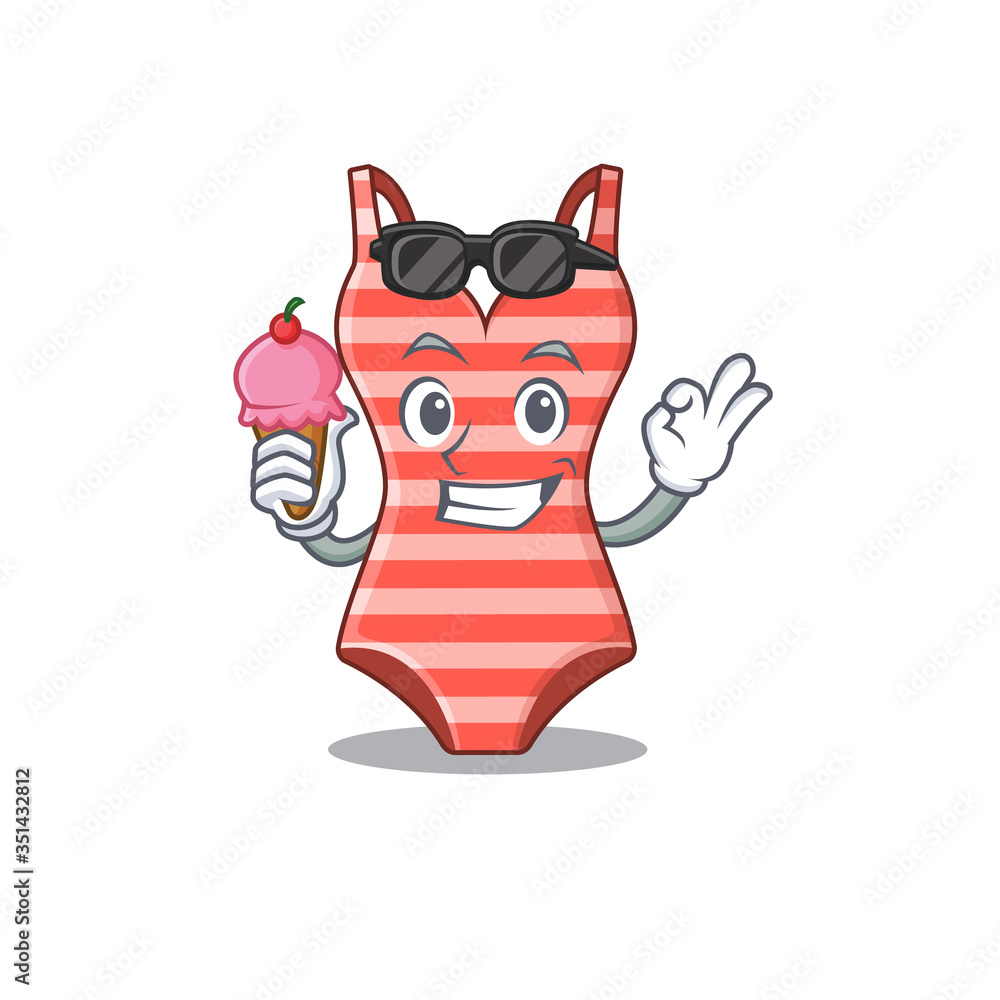 A cartoon drawing of swimsuit holding cone ice cream