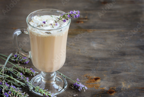 Lavender Coffee latte with homemade syrup. Violet or Lavender Raf . Soft focus. lavender raf. Place for text. Copy Space