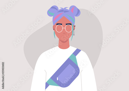 A portrait of a young stylish girl wearing a colourful hair, street style fashion