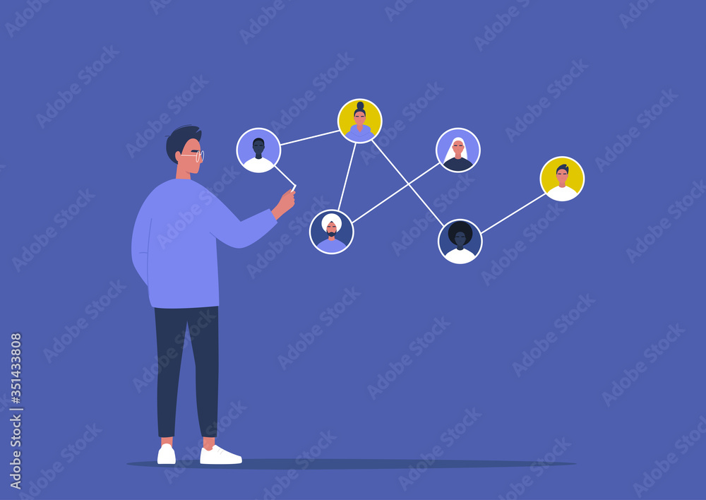 Networking concept, young male character connecting together different members of the system Networking concept, young male character connecting together different members of the system