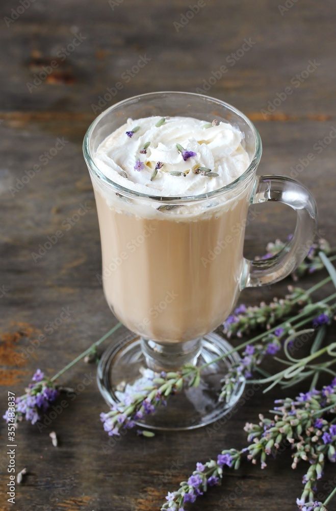 Lavender Coffee latte with homemade syrup. Violet or Lavender Raf . Soft focus. lavender raf. Place for text. Copy Space Lavender Coffee latte with homemade syrup. Violet or Lavender Raf . Soft focus. lavender raf. Place for text. Copy Space