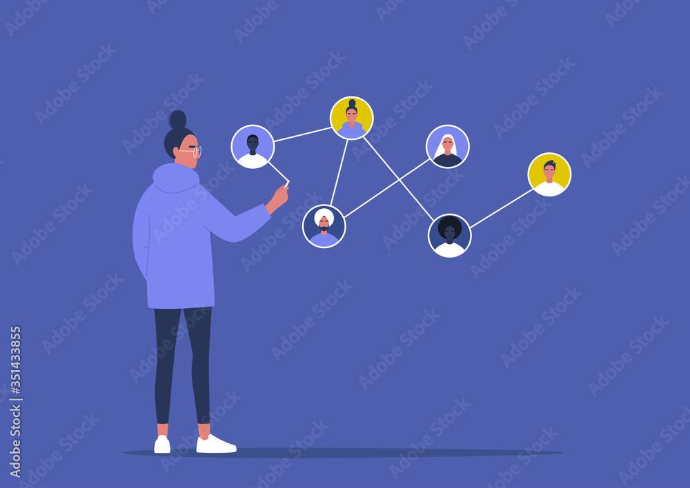 Networking concept, young female character connecting together different members of the system Networking concept, young female character connecting together different members of the system