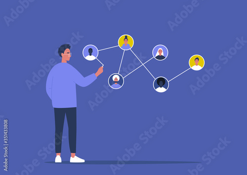 Networking concept, young male character connecting together different members of the system