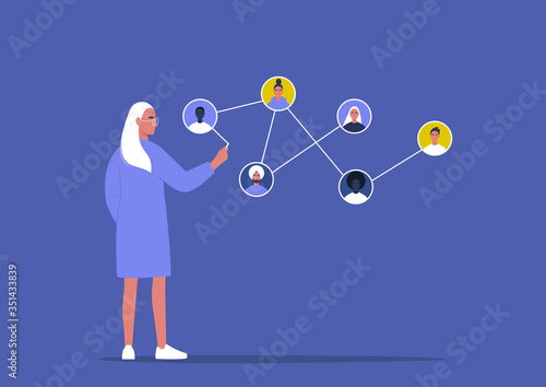 Networking concept, young female character connecting together different members of the system