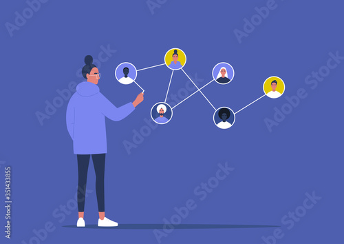 Networking concept, young female character connecting together different members of the system