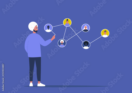 Networking concept, young indian male character connecting together different members of the system