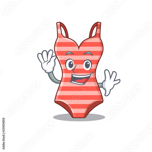 A charming swimsuit mascot design style smiling and waving hand