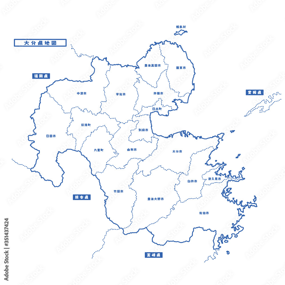 Fototapeta premium 大分県地図 シンプル白地図 市区町村