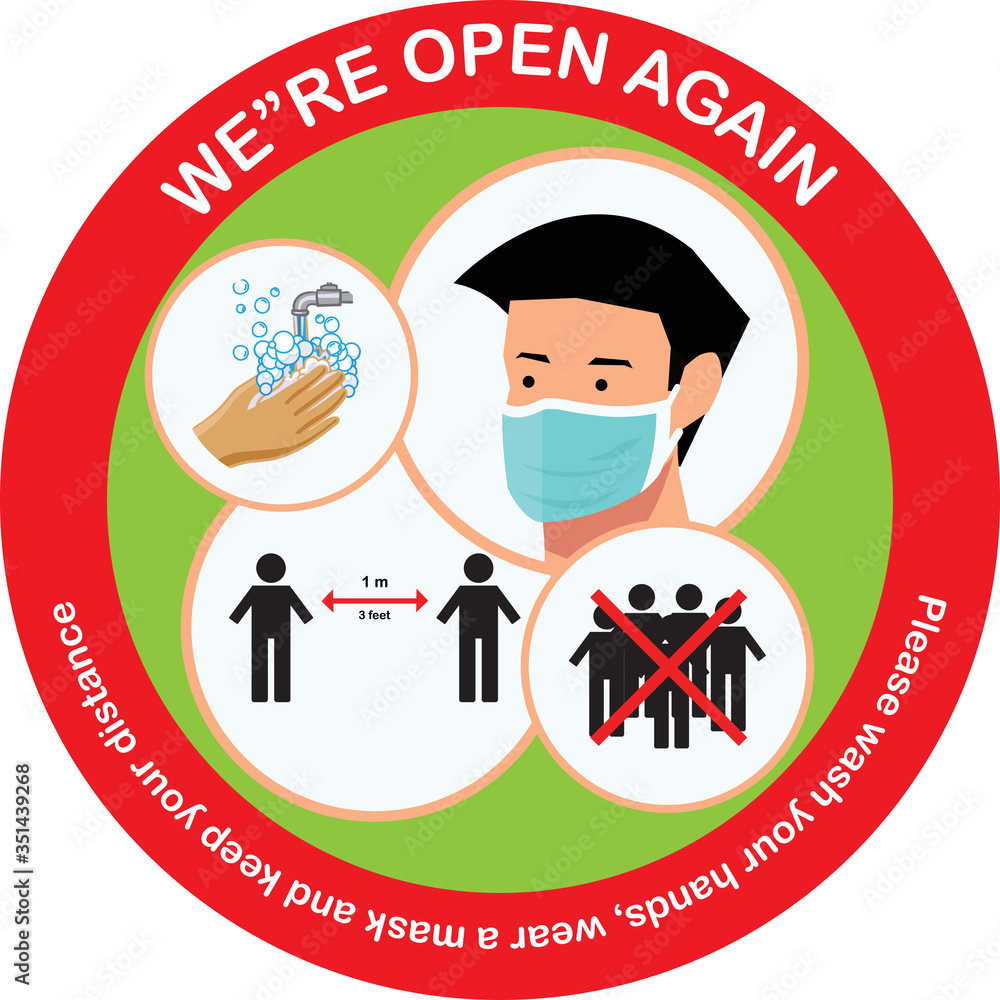 Obraz premium Open again after quarantine, vector illustration of small business owner welcoming customers, information re-opening of shop, service, cafe, restaurant, barbershop are working again, We are Open again