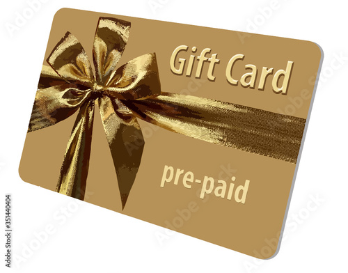 Here is a generic gold pre-paid gift card that features a gold color and a gold bow and ribbon. It is isolated on a white background. This is a vector image.