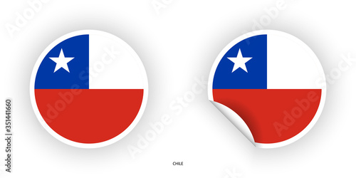 Chile circle flag with white border on white background and Chile sticker circle flag with peeled off corner on white background.