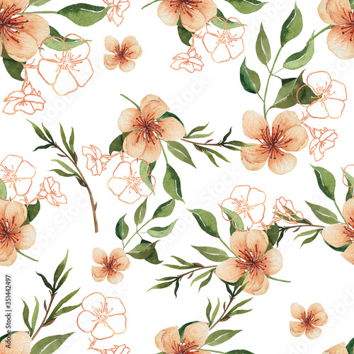 Watercolor hand painted seamless patterns of fruits and flowers with ripe juicy peaches  peach tree flowers  branches  twigs  leaves. Gold  black and pink floral elements