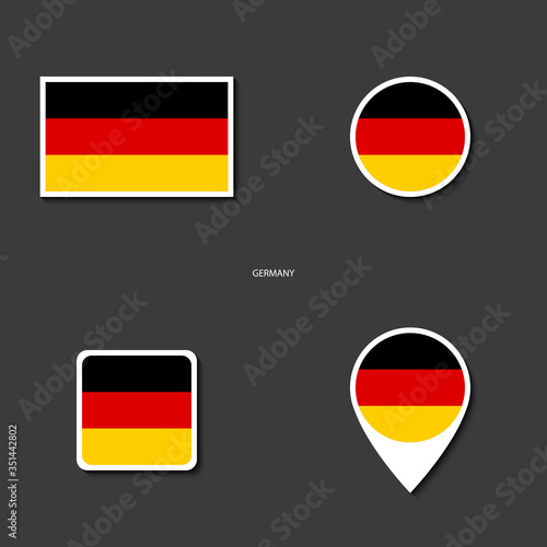 Germany flag icon set in rectangle, circle, square and marker icon on dark grey background. Germany sticker flag collection with white border on barely dark background.