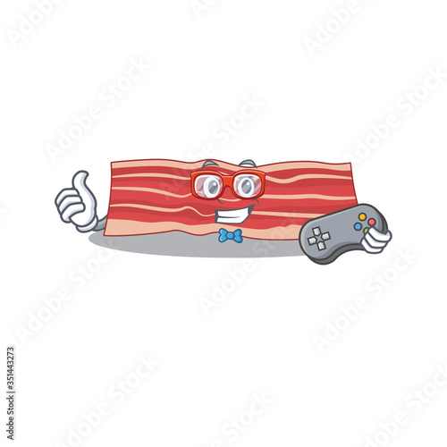 Mascot design style of bacon gamer playing with controller