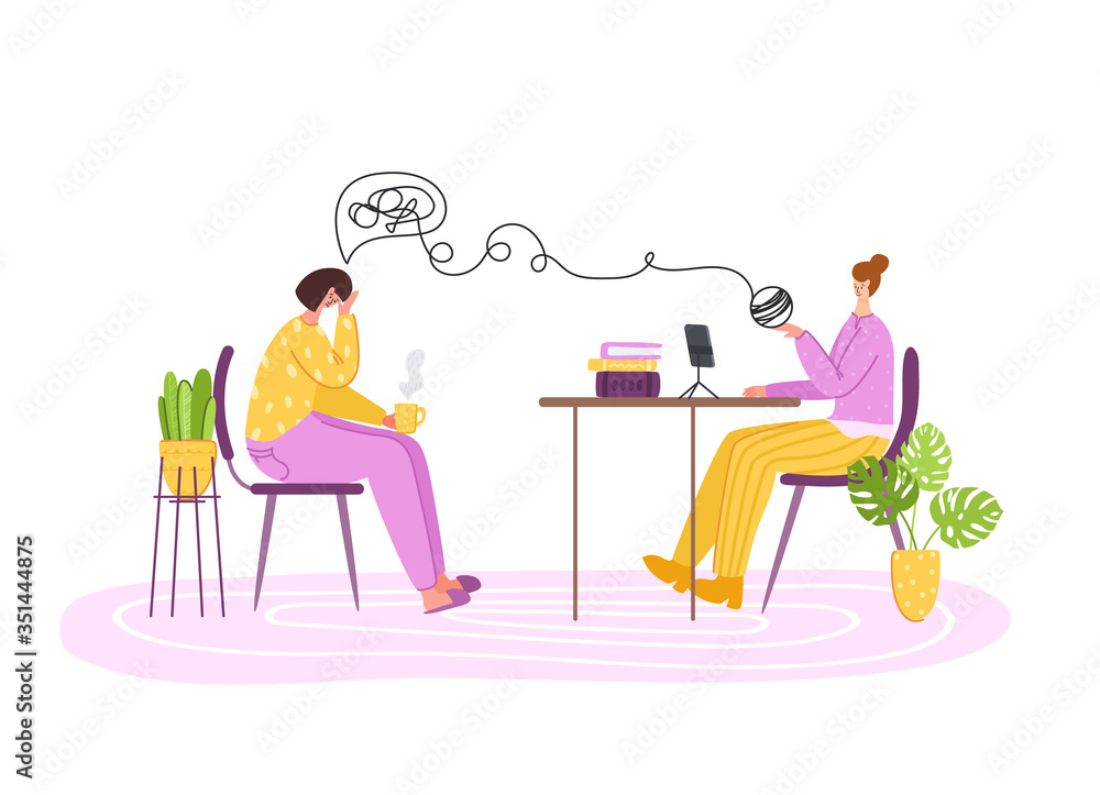 Psychological services - personal support, assistance in cozy office or at home. Upset girl in trouble listening to psychologist doctor, individual helpful therapy session or consultation vector