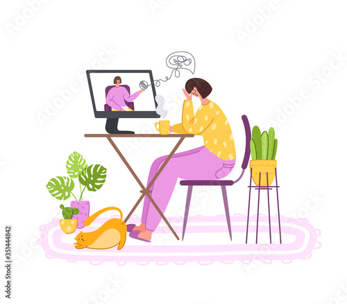Psychological online services - personal distance support or assistance at home by internet. Upset girl crying and talking with psychologist, individual helpful therapy session or consultation vector