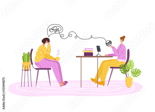 Psychological services - personal support, assistance in cozy office or at home. Upset girl in trouble listening to psychologist doctor, individual helpful therapy session or consultation vector