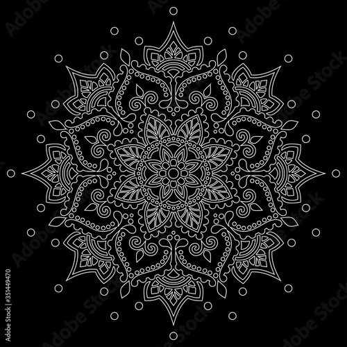 White outline mandala on a black doodles sketch