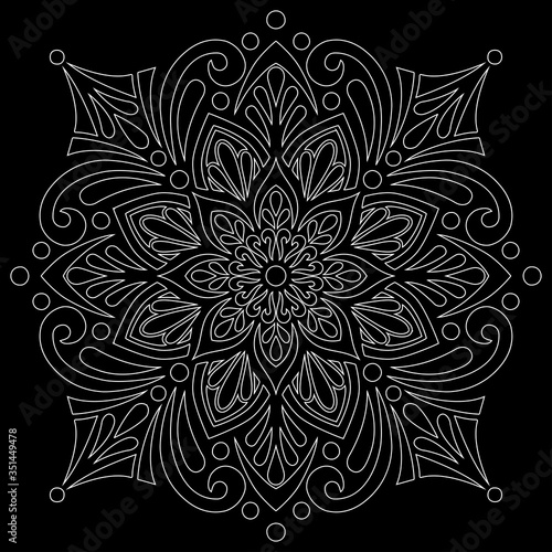 White outline mandala on a black doodles sketch
