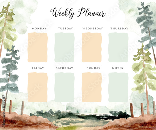 weekly planner with landscape scene watercolor background