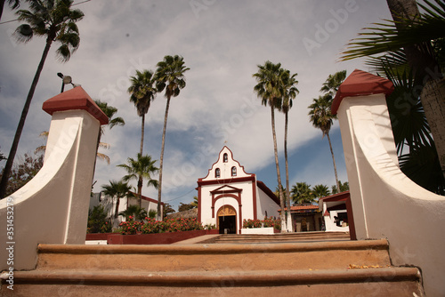 Beautiful "Miraflores" Mexican town Church in East Cape region of Los Cabos. seen from outside, wide angle view