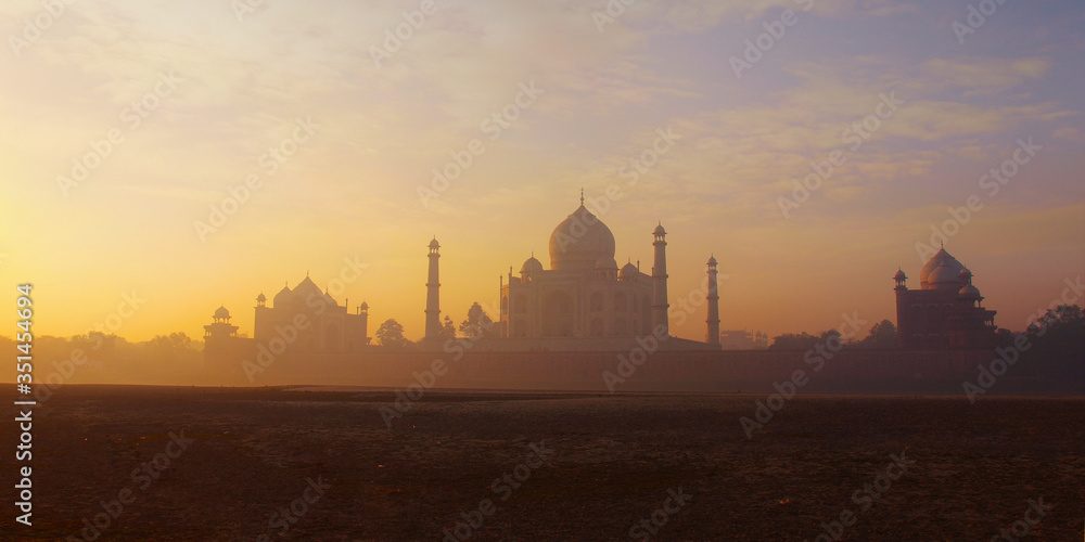 sunset on the Taj mahal mausoleum in the city of agra in the uttar pradesh province in India	
