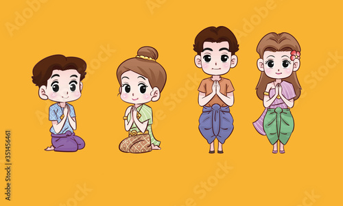 girl and boy welcome thai cartoon