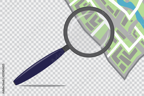 Map with a magnifying glass. Search road icon in the city. Vector image of a street study symbol. Stock template.