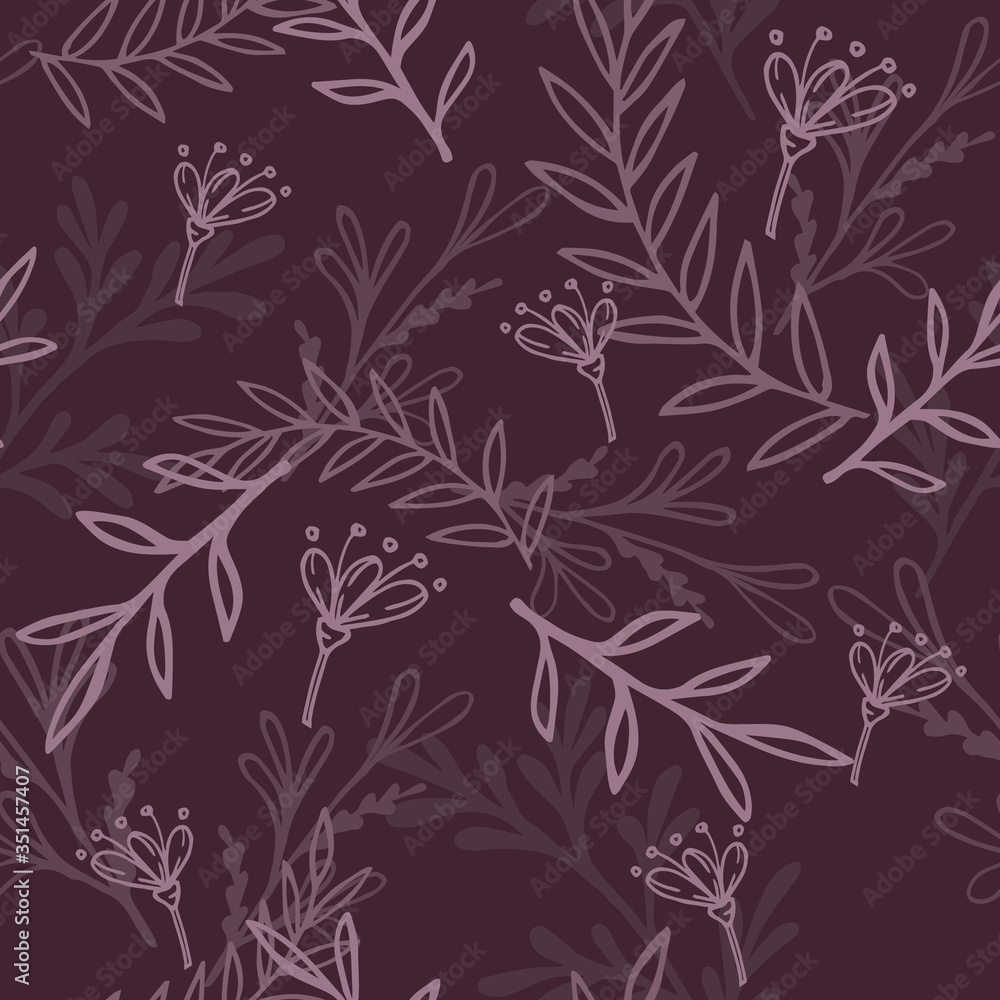 Pattern with violet sprigs and flowers on a dark gray background. Hand drawn floral background Pattern with violet sprigs and flowers on a dark gray background. Hand drawn floral background