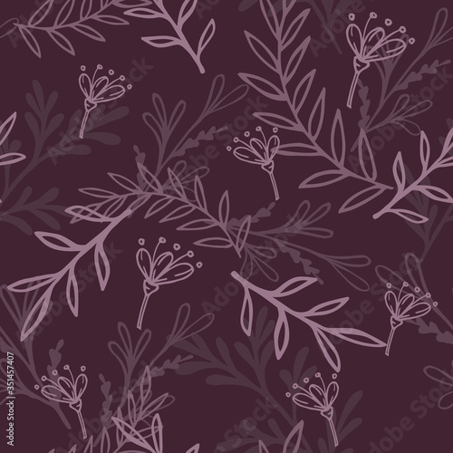 Wallpaper Mural Pattern with violet sprigs and flowers on a dark gray background. Hand drawn floral background Torontodigital.ca