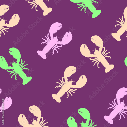 Lobster flat seamless pattern. Pattern with crayfish. Color lobster on pink background