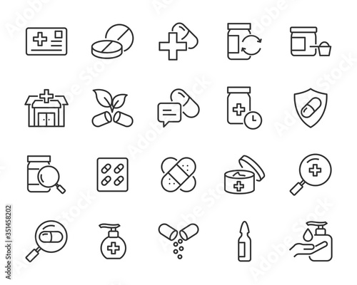 set of medicine icons, pharmacy, medical, tablet, drug store