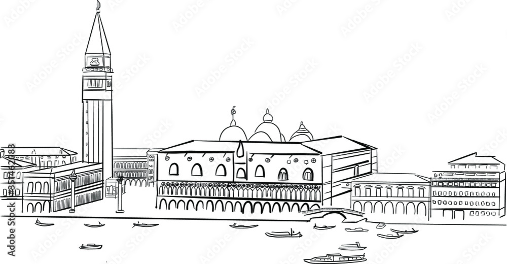 Fototapeta premium Black and white silhouette of the Piazza San Marco in Venice. Handmade drawing of the main monuments of the square