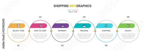 Concept of shopping process with 6 successive steps. Six colorful graphic elements. Timeline design for brochure, presentation, web site. Infographic design layout.