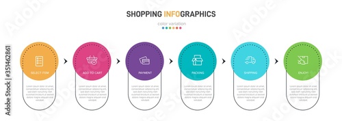 Concept of shopping process with 6 successive steps. Six colorful graphic elements. Timeline design for brochure, presentation, web site. Infographic design layout.