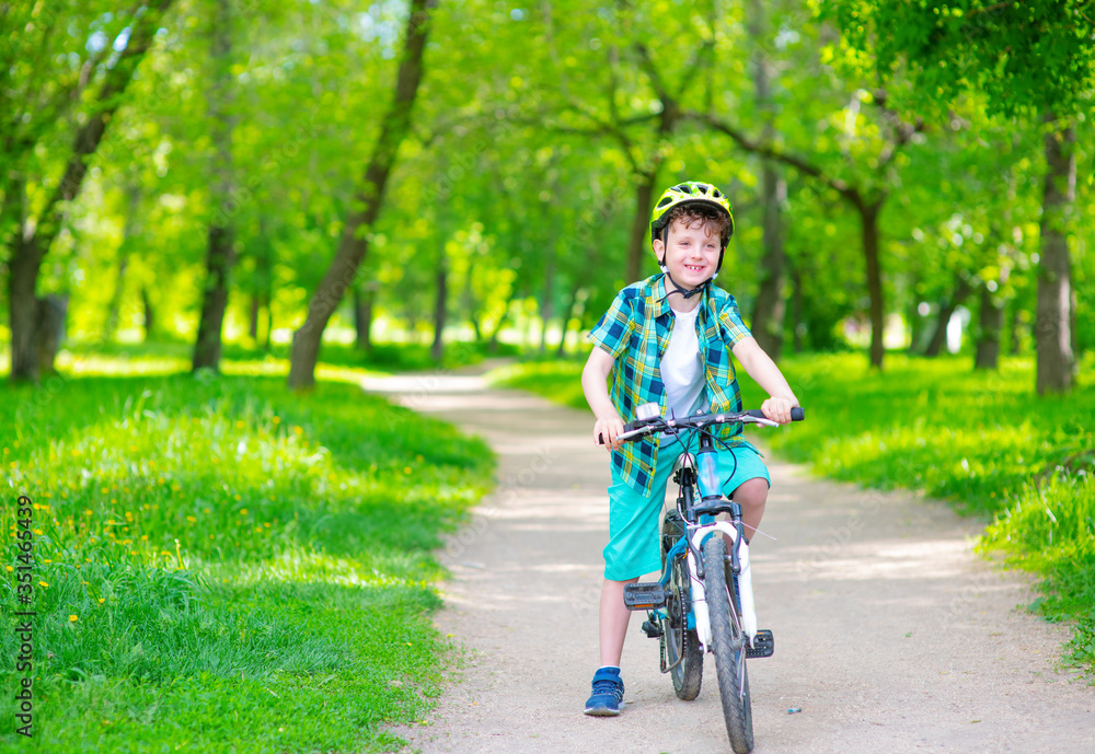 Fototapeta premium The boy rides his bike in the summer park. Summer rest. Summer types of spotra concept