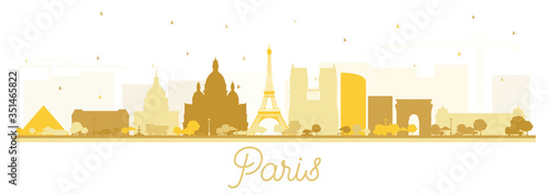 Paris France City Skyline Silhouette with Golden Buildings Isolated on White.
